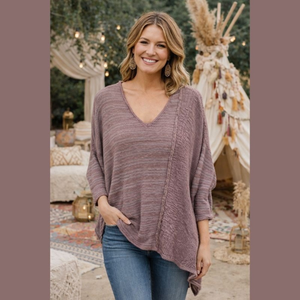 Democracy‎ Womens Small Asymmetric Hem V-Neck Pullover Knit Top Boho Feminine